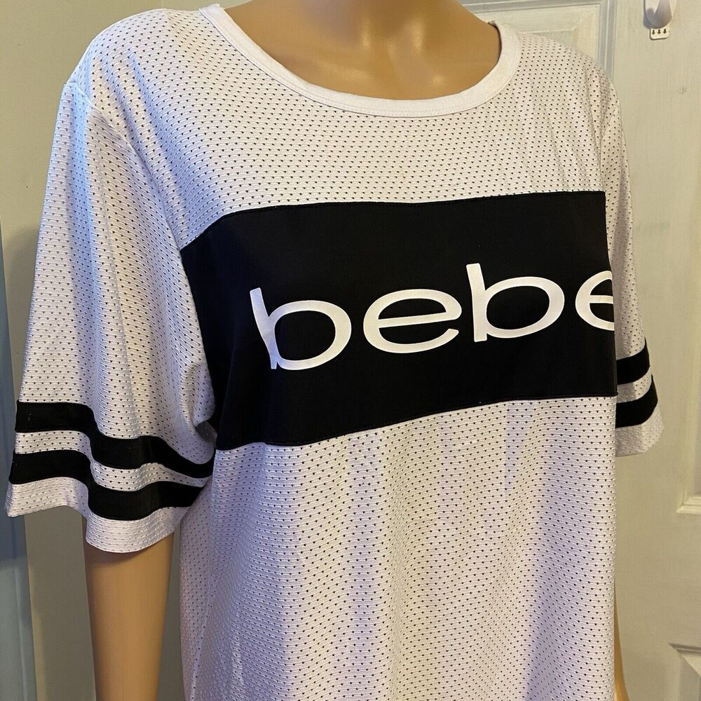 Y2K Bebe Sport Womens L Mesh Jersey White Black Shirt Striped Teamfree Short Slv - Picture 1 of 7
